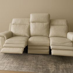 Beige Leather Reclining Sofa – Excellent Condition! 