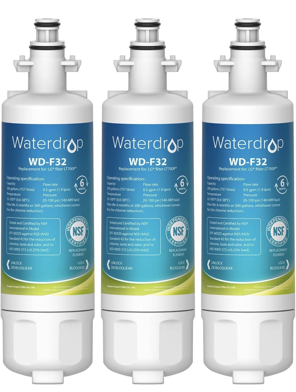 Waterdrop ADQ1 Replacement for LG® LT700P® Refrigerator Water Filter, Kenmore® 9690, 469690, ADQ2, LFXS30766S, LFXS24623S, FML-3, RFC120