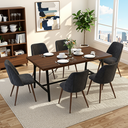 Homy Casa FORS+KALI 7PC Dining Set 63" Table with 6 Charcoal Fabric Chairs Walnut Metal Legs