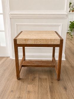 Travertine-Style Natural Stone End Table | Solid Wood