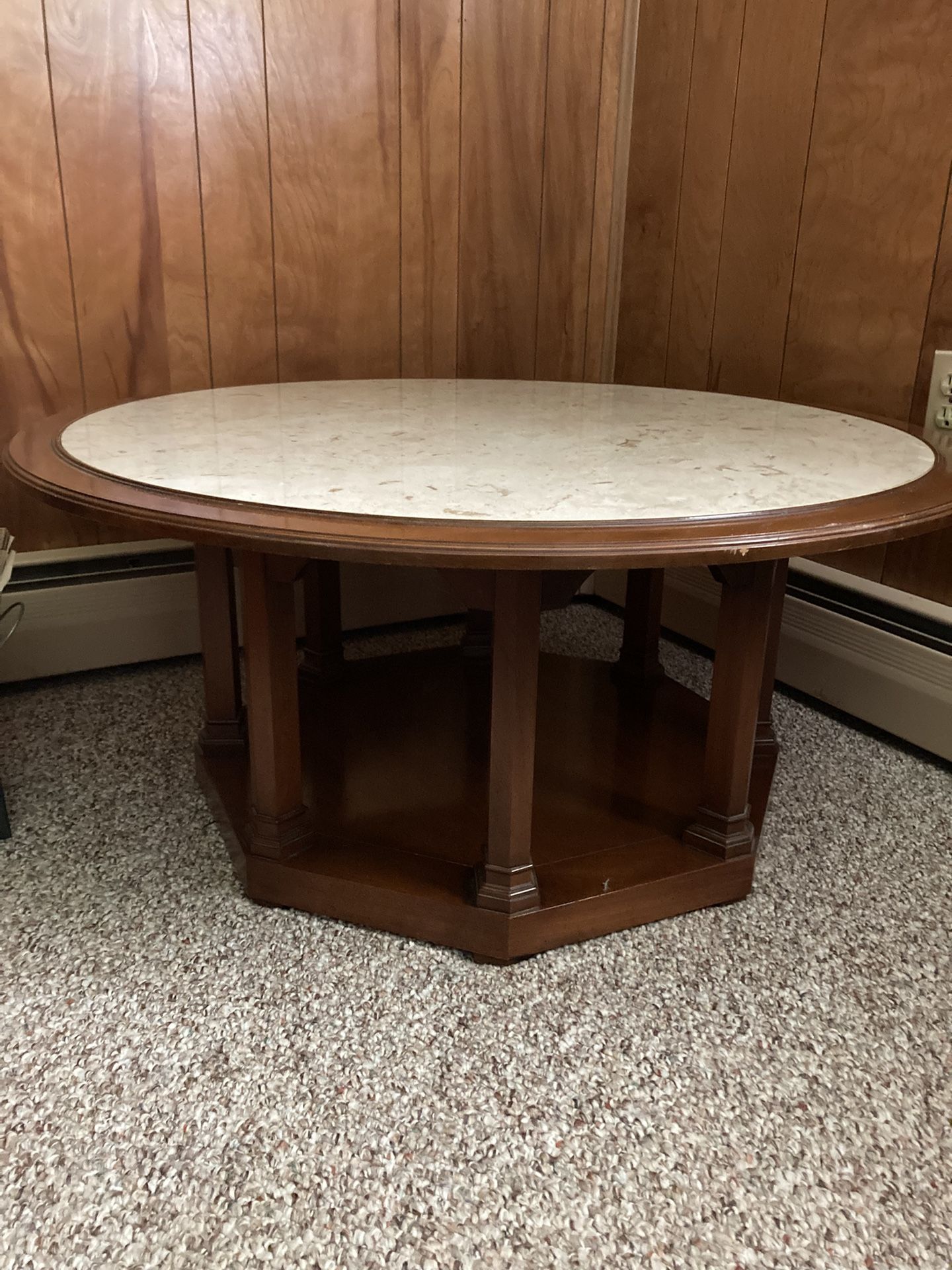 Coffee Table: Heavy 38” Round wooden Table With Marble Top, New