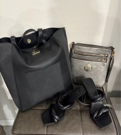 $25 for the set.  Brand new Black BCBG tote bag has gold hardware and magnetic snap closure. Front pocket is on the tote. Grey M. West crossbody bag h