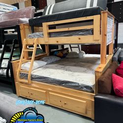 Twin Full Natural Bunk Bed With Mattresses Trundle New Cama