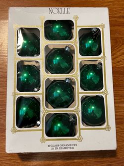Mid-Century Noelle Glass Christmas Ornaments-Box of 10 Emerald Green-Made in USA Caps-2 ¼" Diameter