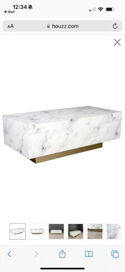 Marble Design Glass Wood Block Rectangle Coffee Table White w/Gold Base