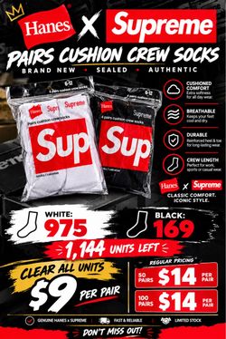 Hanes x Supreme Cushion Crew Socks 4-Pack