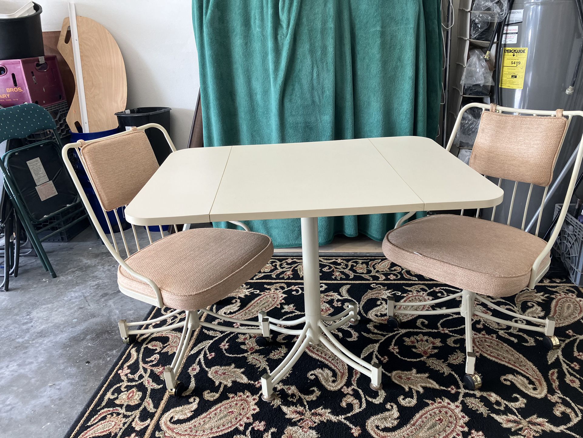 RETRO DROP LEAF FORMICA TOP ENAMELED PAINTED METAL PEDASTAL TABLE W/ 2 Matching   Swivel ~ROLL  Chairs 