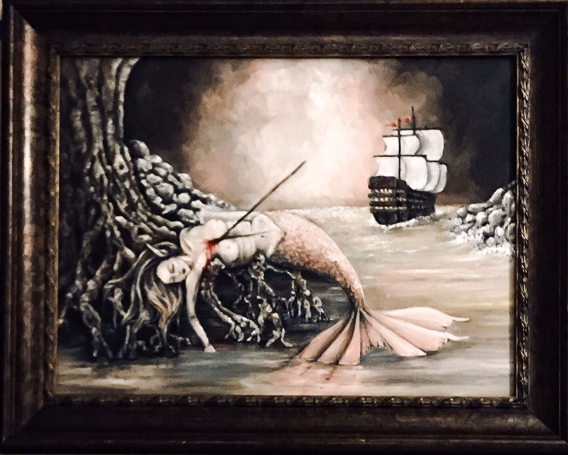 Original Mermaid Oil Painting 18 x 24 With Custom Wood Frame