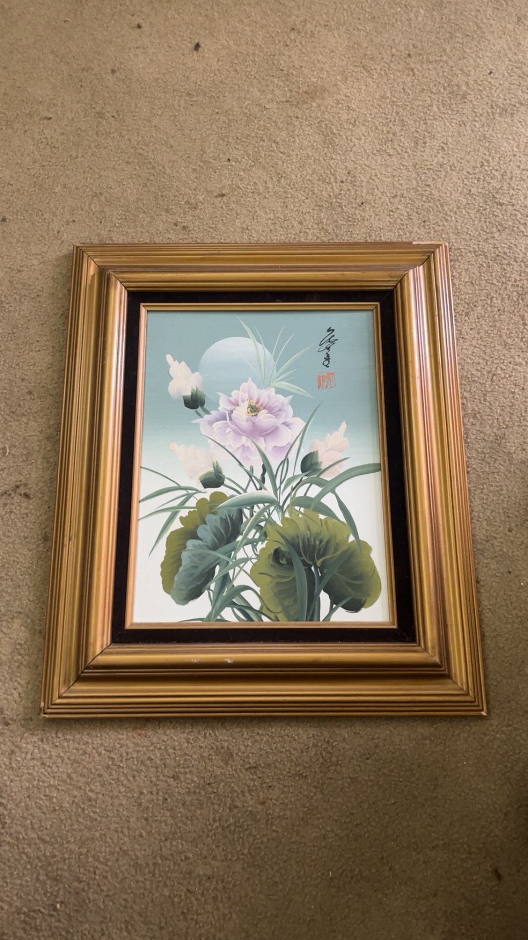 Vintage Asian Oil Painting Lotus flowers and moon