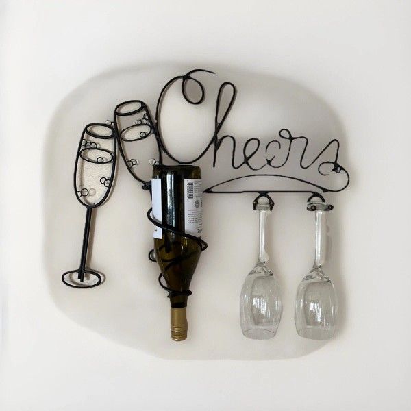 CHEERS Wall-Mounted Wine Rack Black Metal 1 Bottle & 2 Glasses
