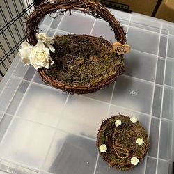 Rustic Flower Girl Basket and Ring Pillow Nest, Paper Roses Rustic Wedding, Shabby Chic Wedding