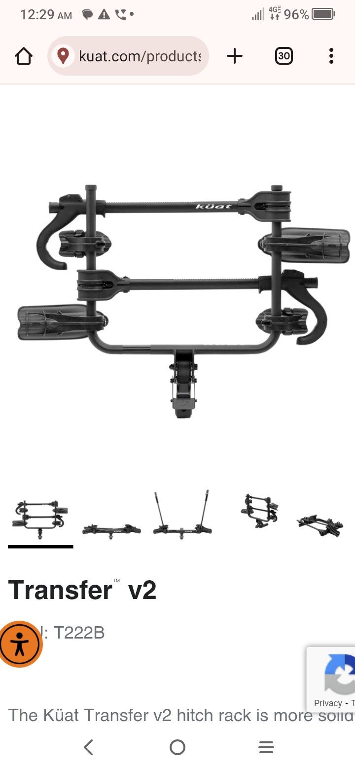 Kuat Transfer V2 Hitch Mounted Bike Rack Folding Locking Needs Key