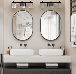 2 Piece Oval Bathroom Mirror Capsule Wall Vanity Mirror, 20"x30" Pill Mirrors Wall Mounted Mirror, Large Modern Mirror with Black Metal Frame, Decor f