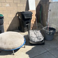 FREE! Large Dog Kennel,  Dog Bed, Beverage Buckets,  Fishing Rods  Metal Poles And Wood