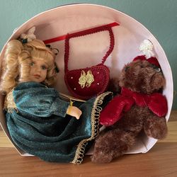 NEW "Collectors Choice" Porcelain Doll & Bear in Carrying Case with COA 11x9.5”