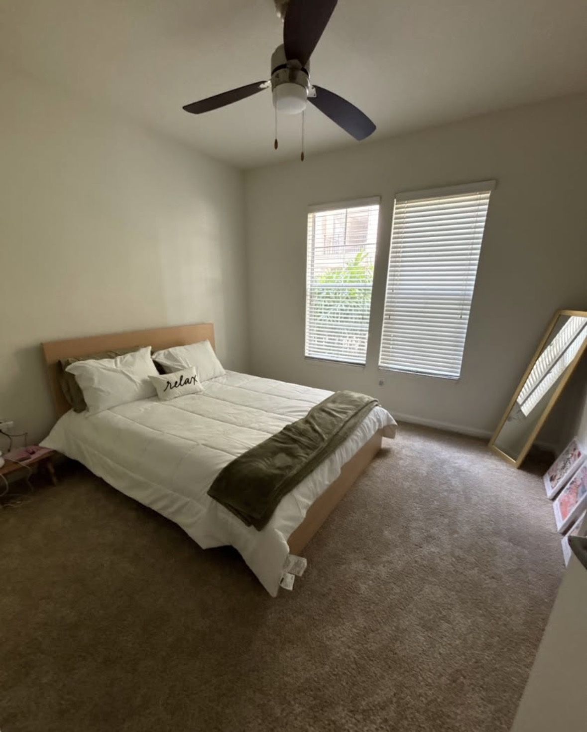 Bed frame, Mattress, Nightstand, and Mirror 