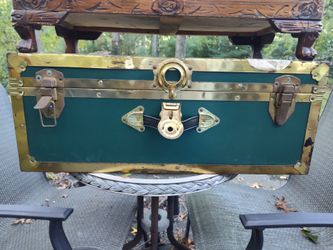 Vintage Green Steamer Trunk with Brass Hardware