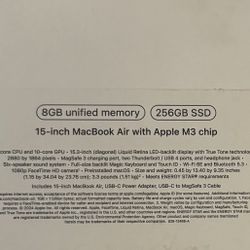 MacBook Air 15-inch Laptop - Apple M3 chip - 8GB Memory - 256GB SSD (Latest Model) - Midnight