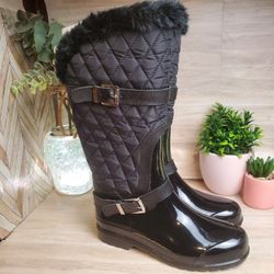 Michael Kors Snow Rain Boots Puffer Faux Fur Black Silver Accents Size 7 *