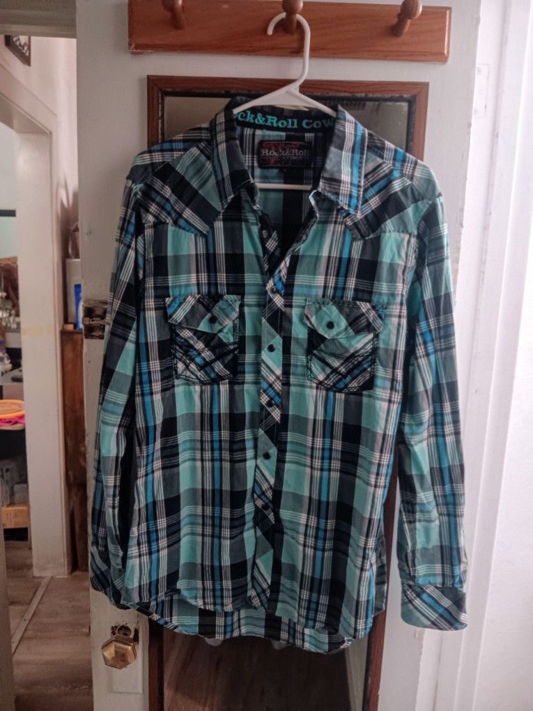 Men's "Rock & Roll Cowboy" Pearl Snap Up Long Sleeve Dress Western Shirt- Medium