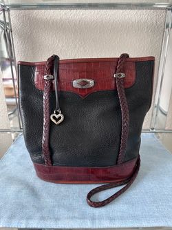 Brighton Black Leather Bucket Tote Mahogany Croc Trim Braided Straps 740247