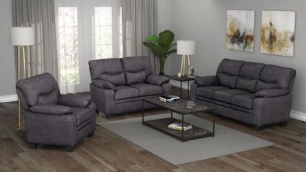 3PC LIVINGROOM SET: SOFA LOVE SEAT AND CHAIR--CHARCOAL GREY