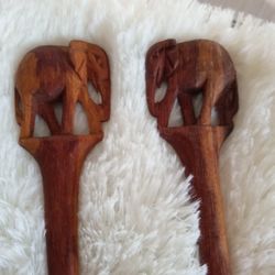 Vintage Carved Wood Elephant Serving Utensils