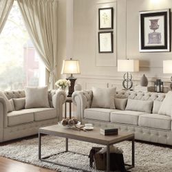 Brand New Biege Tufted Linen Modern Sofa + Loveseat 2PCs Set