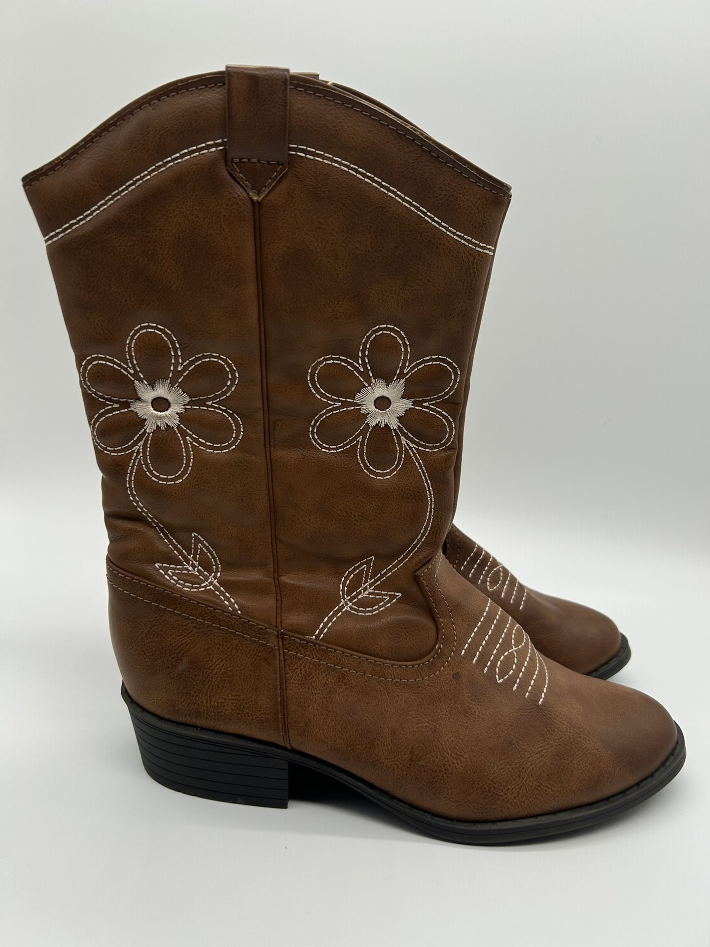 Wonder Nation Girls Boots Sz 4 Brown Western Flower Stitching Nice 1.25" Heel