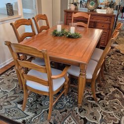 Light Wood Dining Set w/ Leaf – 6 Upholstered Chairs + Buffet 