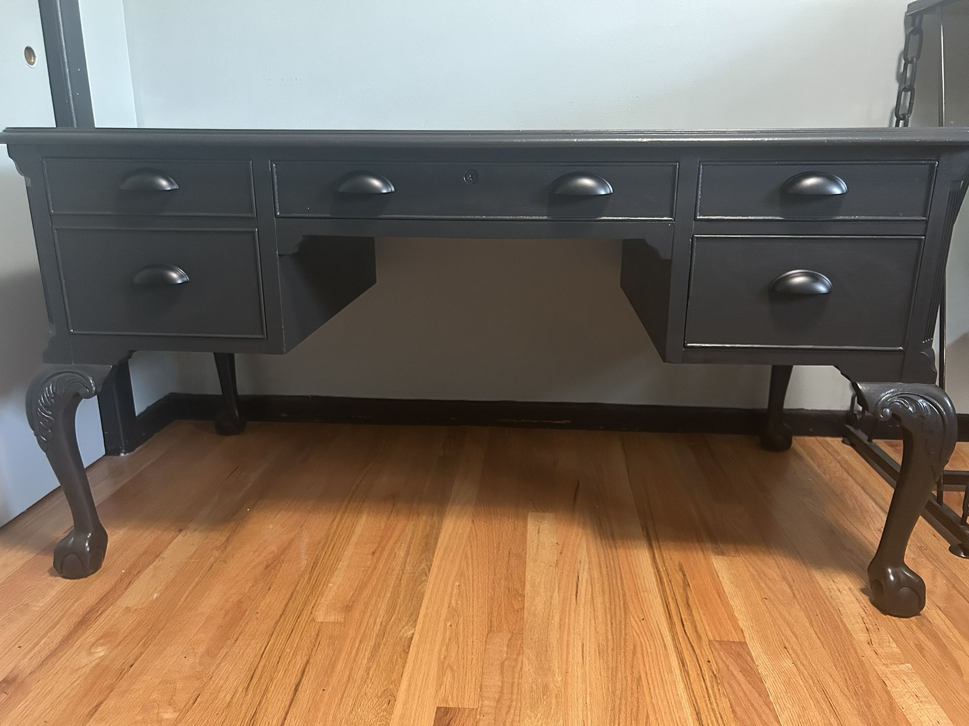 Refinished Satin Leather-Top Black Painted Hekman Mahogany Executive Desk