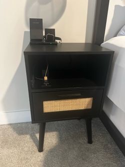Black Rattan nightstand with charging station