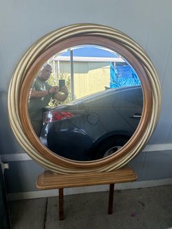 Large 45-Inch Round Gold Framed Mirror with Stand – $20