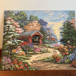 Beautiful Covered Bridge Silo Floral Flowers Scenic Paint By Number 20” x 16”