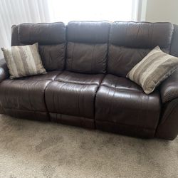 Brown Leather Couch with Double Recliner - Good Condition