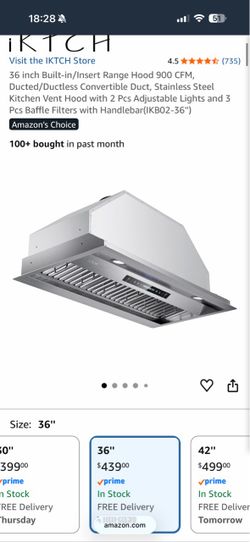 IKTCH 36-Inch Built-In Range Hood 900 CFM Used Like New