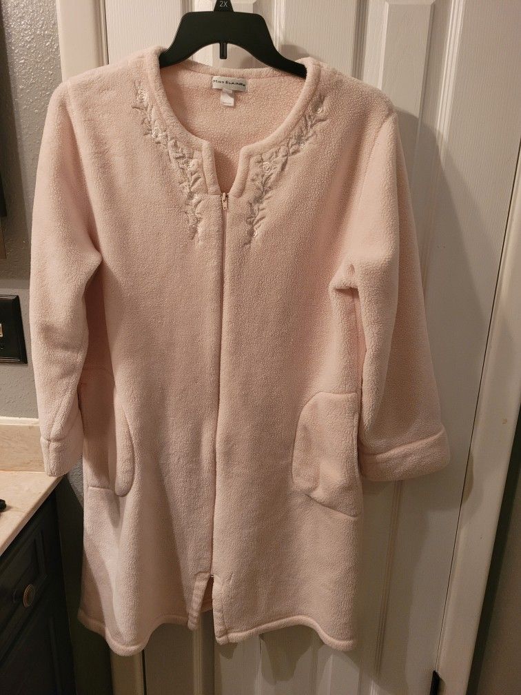 Miss Elaine pink fleece zip-front robe with embroidered flowers.
