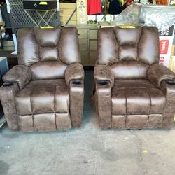 HOMEFUN Brown Microfiber Power Motion Heating Message Recliner with USB Charge Port