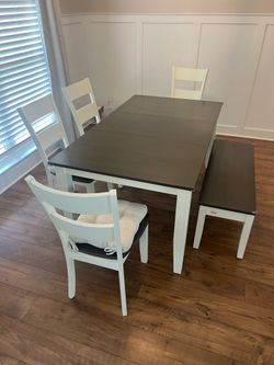 Full Dining Room set with Bench - White and Brown