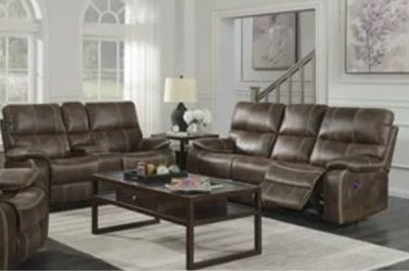 Brown real leather power electric fully reclining couch and love seat