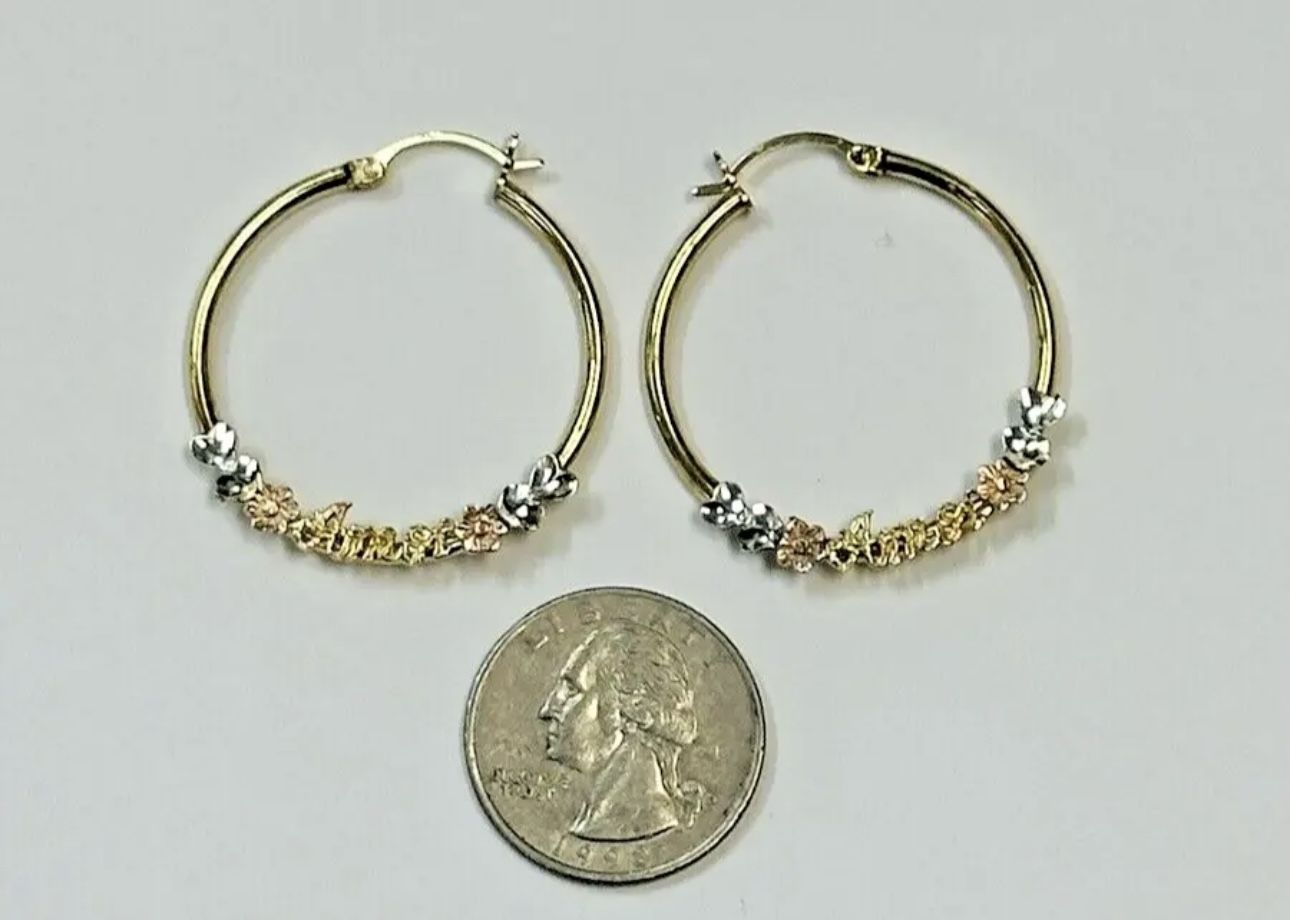 14K Gold AMOR & Flower Tri-Color 1.25" Hoop Earrings LOVE, 4.2 Grams