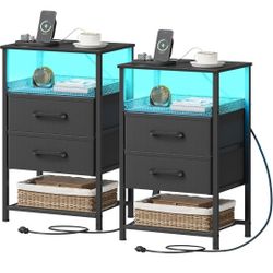 Nightstand Set of 2 with Charging Station, Night Stands with LED Lights, 26.4 Inch Tall Bedside Table with Metal Shelf, Side Table with 2 Fabirc Drawe