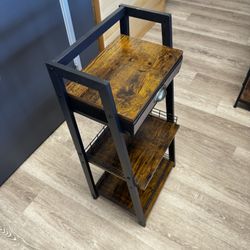 Walnut + Iron Side Table With Shelves + Drawer