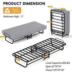 Folding Bed with Mattress, Portable Foldable Guest Bed on Wheels, Memory Foam Mattress and Metal Fra
