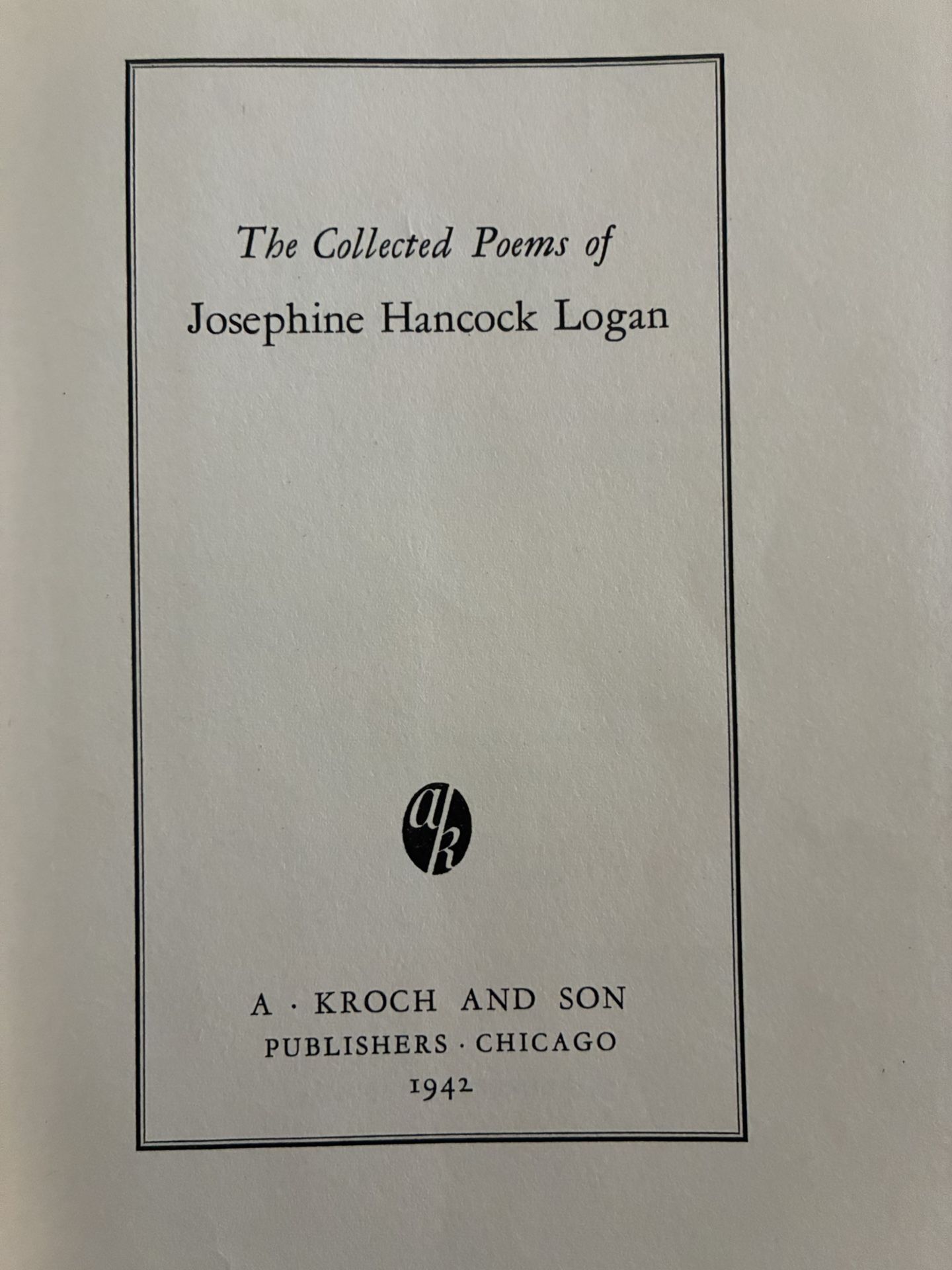 1942 Book: The Collected Poems Of Josephine Logan 