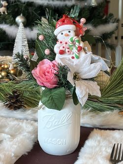 Candy Cane Snowman Mason jar holiday centerpiece