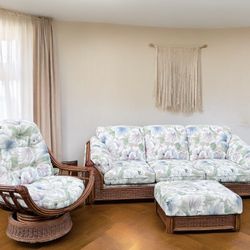 Vintage Rattan And Upholstery Sofa Ottoman Swivel Rocking Chair and Table