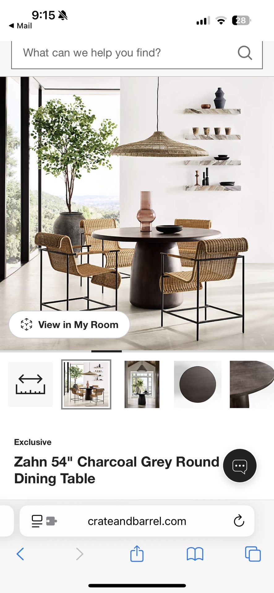 Crate & Barrel Zahn 54" Charcoal Grey Round Dining Table