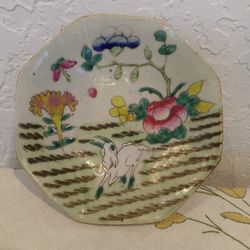 Antique Jingdezehen Familie Rose Hexagonal Footed Plate - Serving Dish- Qing Dynasty - Pedestal Plate - Peach Good Luck, Sheep Gentleness 