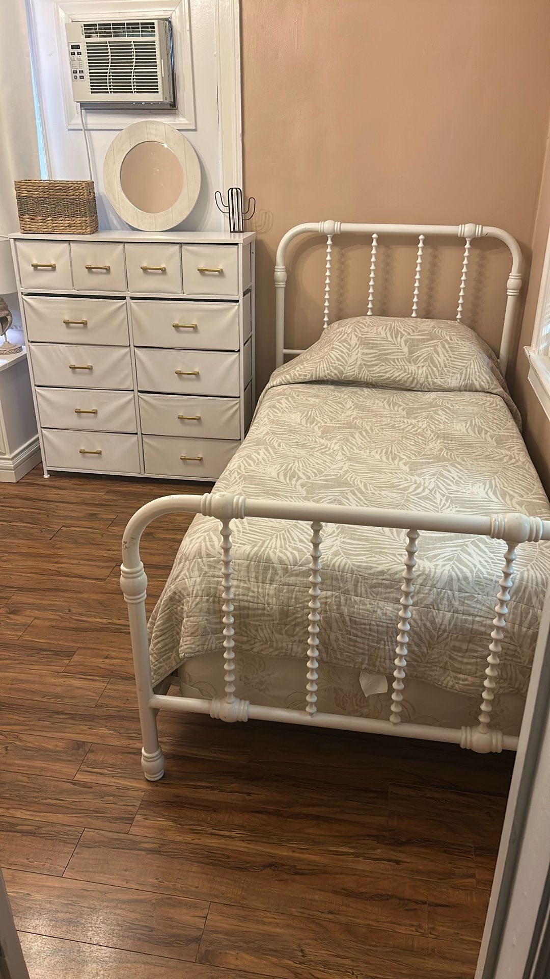 Twin Size Bed frame,Mattress, Comforter, Dresser White Gold